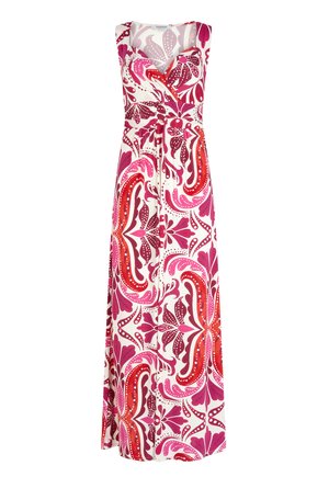 Vestido largo sin mangas con escote en v, cintura ceñida, con un audaz estampado floral y abstracto en tonos rosa, rojo y blanco.