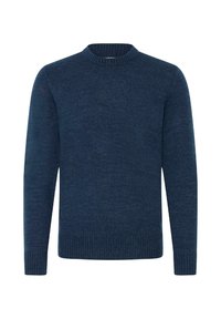 Marineblå strikkegenser med lange ermer, rund hals og ribbestrikkede mansjetter og kant. Stoffet har en myk tekstur og et subtilt mønster.