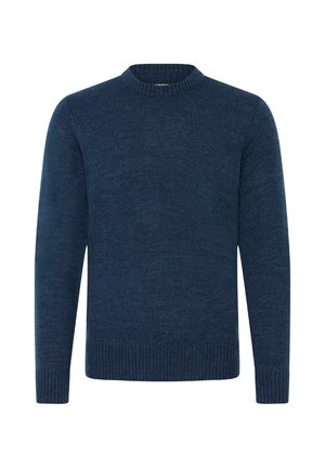 Marinblå stickad tröja med långa ärmar, rundad halsringning samt ribbade muddar och nederkant. Tyget har en mjuk textur och ett subtilt mönster.