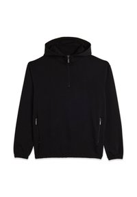 Felpa nera con cappuccio, chiusura a mezza zip, tasche laterali con zip e polsini elastici. Realizzata in un materiale morbido e elasticizzato.