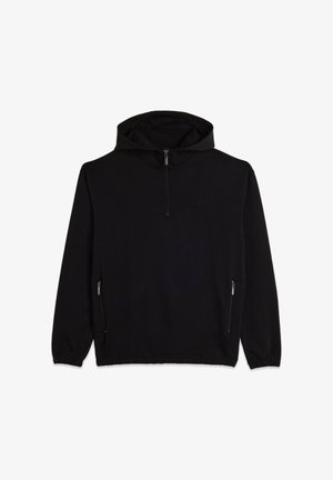 Sudadera con capucha negra, con cierre de media cremallera, bolsillos laterales con cremallera y puños elásticos. Fabricada con un material suave y elástico.