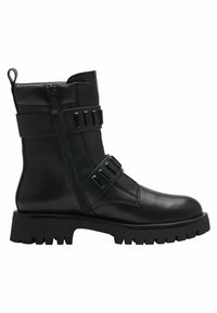 Black leather ankle boots with a side zipper, chunky black rubber sole, and two decorative straps featuring rectangular accents.