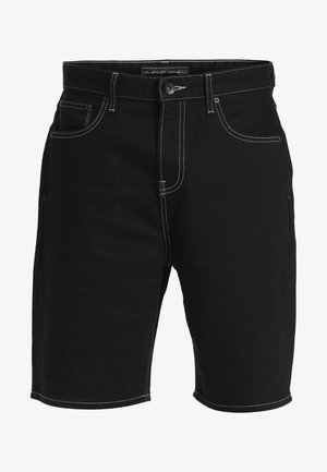 Zwarte denim shorts met contrasterende stiksels, uitgerust met een standaard vijf-pocket ontwerp, riemlussen en een knoopsluiting bij de taille.