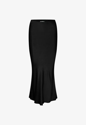 Μαύρη σατέν μακριά φούστα με ελαφριά φάσα στο τελείωμα και λεία, εφαρμοστή σιλουέτα.