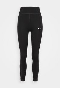 Černé legíny vyrobené z elastického materiálu s vysokým pasem, s plochými švy a bílým logem Puma na levém boku.