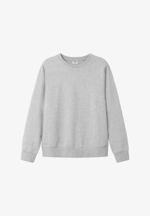 Hellgrauer Sweatshirt aus weichem, strukturiertem Stoff. Verfügt über einen Rundhalsausschnitt, lange Ärmel sowie gerippte Bündchen und Saum. Einfaches Design, ohne Muster.