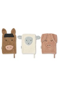 Three plush hand puppets: a brown horse with black mane, a cream sheep with gray ears, and a pink pig, all with embroidered features.