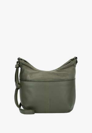 Olive green shoulder bag with a soft suede top, textured leather bottom, adjustable strap, and contrasting stitching detail.