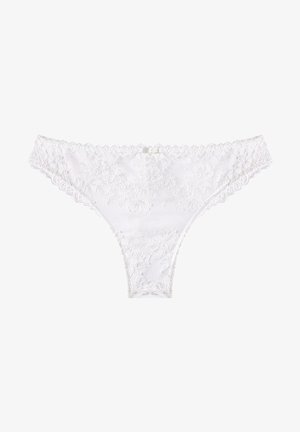 Fioțe din dantelă albă cu modele florale, margini ondulate și un mic detaliu cu panglică în față. Material moale, semi-transparent.