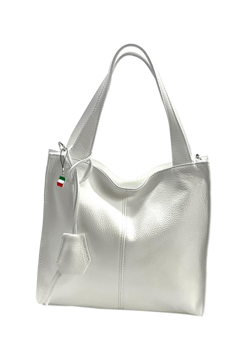 White leather tote bag with a textured finish, featuring two handles, a subtle decorative tag, and a slouchy, lightweight design.