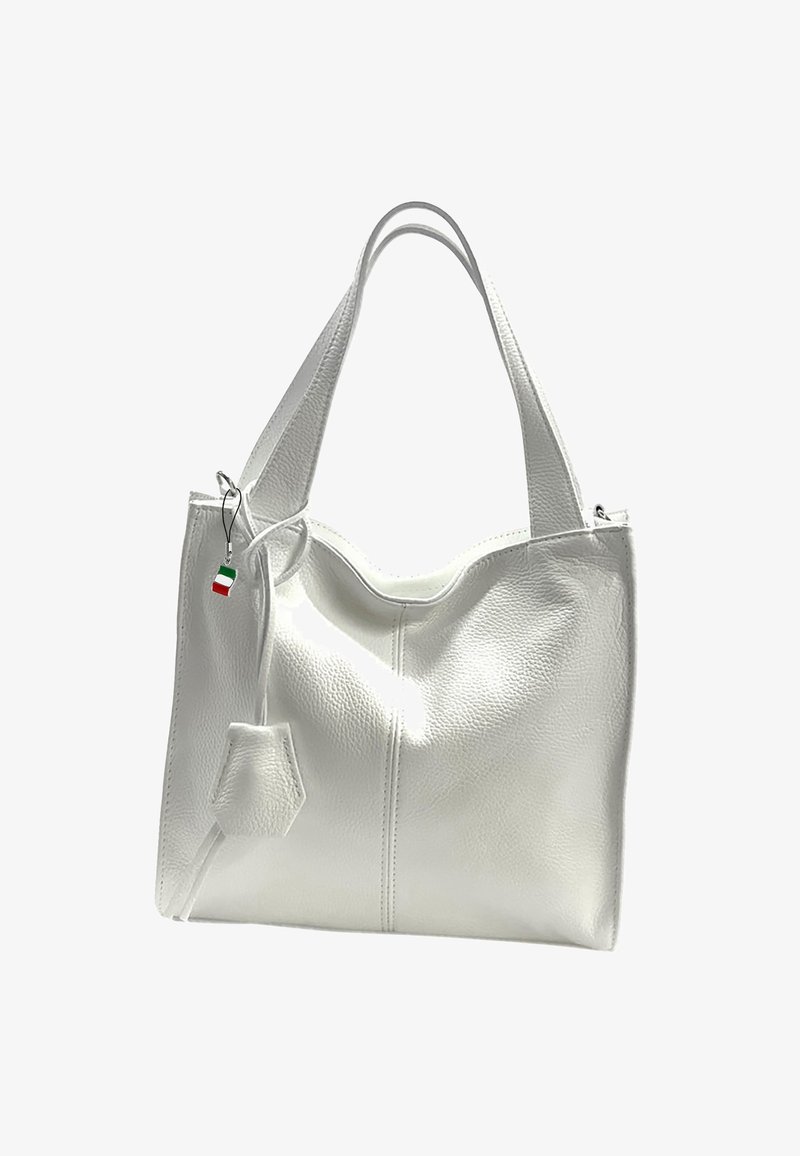 White leather tote bag with a textured finish, featuring two handles, a subtle decorative tag, and a slouchy, lightweight design.