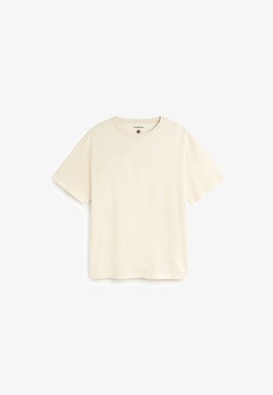 Plain short-sleeve cream T-shirt with crew neckline, laid flat on white background, no visible patterns or logos.