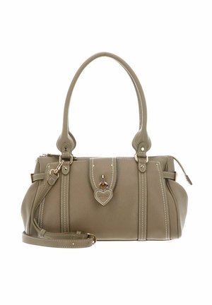 Torba skórzana w kolorze taupe z podwójnymi uchwytami, odpinanym paskiem na ramię, białymi przeszyciami i metalową kłódką w kształcie serca z przodu.