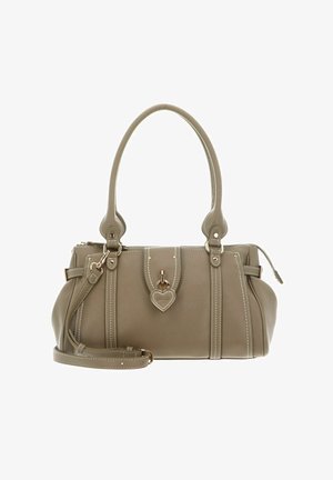 Torba skórzana w kolorze taupe z podwójnymi uchwytami, odpinanym paskiem na ramię, białymi przeszyciami i metalową kłódką w kształcie serca z przodu.