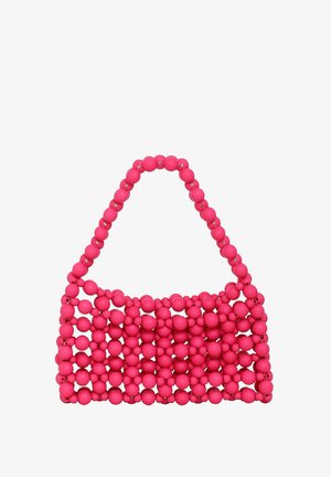 Rosa perle håndtaske med et net design lavet af runde plastikperler, med en struktureret form og et enkelt håndtag.