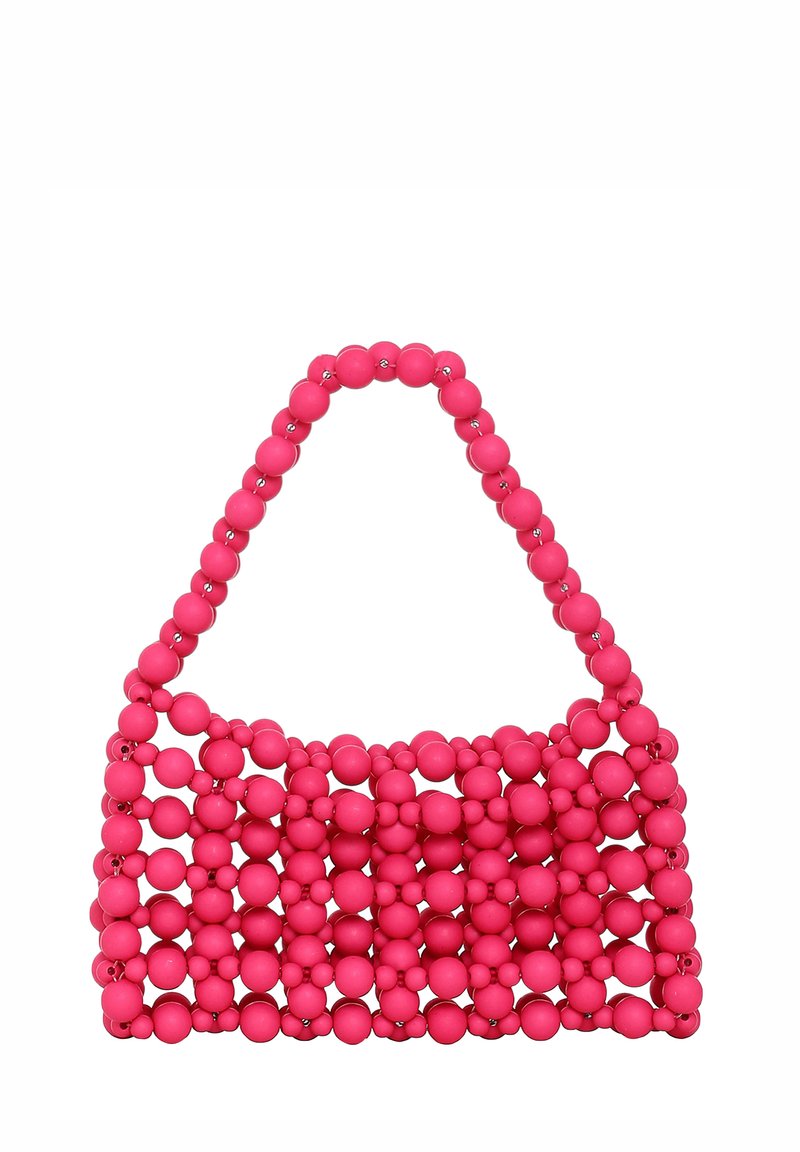 Borsa a mano rosa con perline, caratterizzata da un design a rete realizzato con perline di plastica tonde, dalla forma strutturata e con un'unica maniglia.