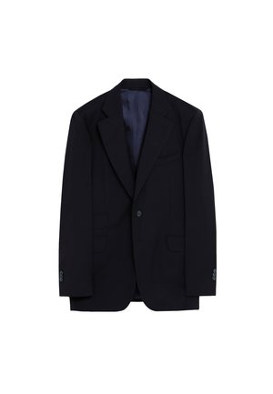 Blazer azul marino para hombre de un solo botón, con solapas con muesca, dos bolsillos delanteros y puños con botones, mostrado sobre fondo blanco.