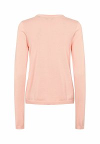 Pull à manches longues rose clair à col rond, vu de dos, avec ourlet et poignets côtelés sur fond blanc.