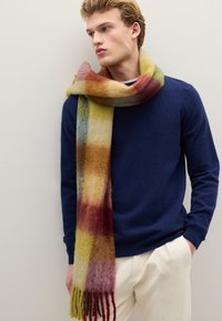 Sciarpa multicolore con una texture morbida e pelosa e frange. I colori includono giallo, bordeaux, verde e tonalità di azzurro. Indossata sopra un maglione blu.