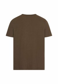 Brun kortærmet t-shirt lavet af bomuld. Har en rund halsudskæring og en glat tekstur med et ensfarvet bagsidedesign. Ingen mønstre eller accenter.
