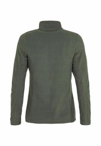 Groene fleecejas met lange mouwen en hoge kraag, gezien van achteren, met een eenvoudig, aansluitend ontwerp zonder zichtbare sluitingen.