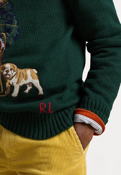 Grønn strikket genser med et brodert design av hund og tre, med ribbestrikkede mansjetter. Sammen med gule kordfløyelsbukser.