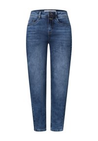 Jean skinny taille haute bleu avec fermeture à double bouton et poches avant, présenté sur fond blanc.