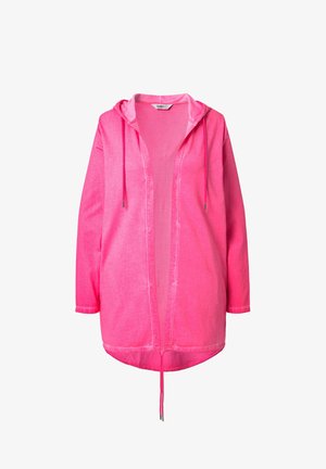 Lekka, kapturowa kurtka w jaskrawym różu. Posiada długie rękawy, zamek z przodu, akcenty ze sznurkiem oraz zakrzywiony dół. Gładka tekstura.