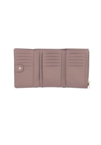 Portafoglio in pelle rosa con molte fessure per carte, scomparto con zip e chiusura a scatto. Texture liscia e design minimalista.