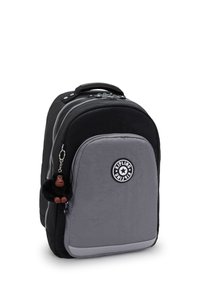 Black and gray backpack with a textured surface, zippered compartments, and a round logo. Includes a monkey keychain accessory.