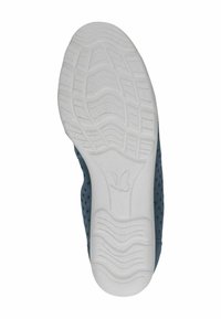 Shoe outsole in white rubber showcasing a textured pattern, with a blue upper featuring perforated detailing and a butterfly logo.