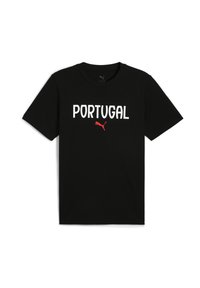 Sort bomulds t-shirt med ordet "PORTUGAL" i hvidt fed skrift og et rødt Puma-logo nedenunder. Korte ærmer, rund hals design.