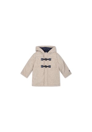 Cappotto beige con cappuccio e chiusure a pulsante, caratterizzato da un tessuto texturizzato, maniche lunghe, tasche laterali e un rivestimento blu scuro.