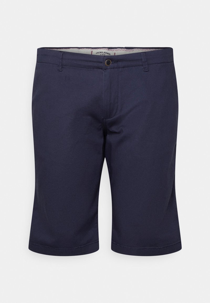 Shorts pour hommes bleu marine, coupe ajustée, longueur au genou, avec fermeture à boutons et passants pour ceinture, présentés de face sur fond blanc.