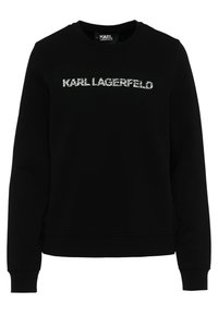 Sudadera negra de mezcla de algodón, con cuello redondo y puños acanalados. En la parte frontal muestra "KARL LAGERFELD" en letras blancas con patrón de cebra.