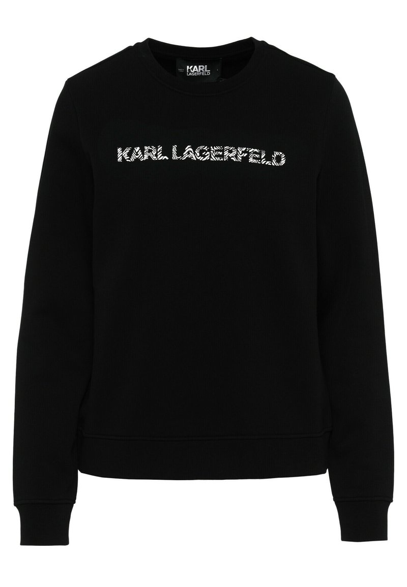 Sudadera negra de mezcla de algodón, con cuello redondo y puños acanalados. En la parte frontal muestra "KARL LAGERFELD" en letras blancas con patrón de cebra.