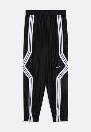 Black athletic pants with elastic waistband, white side stripes, and ankle zippers. Made of lightweight, smooth fabric with mesh accents.