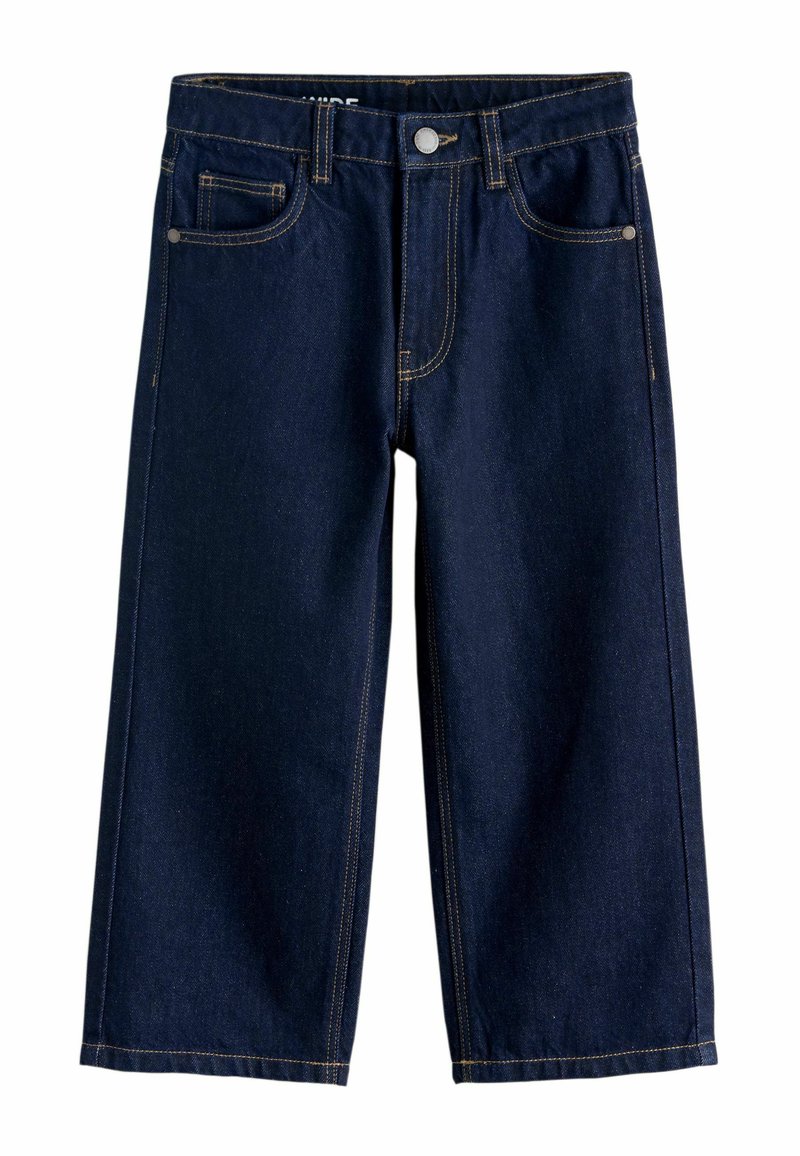 Ciemnoniebieskie jeansy z denimu o szerokich nogawkach, z przodem na guziki, zamkiem błyskawicznym oraz pięcioma kieszeniami, ozdobione żółtym przeszyciem.