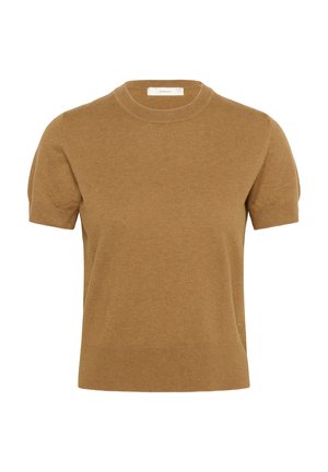 Brown short-sleeve sweater made of soft knit fabric. Features a round neckline and ribbed cuffs, with a relaxed fit and minimal detailing.