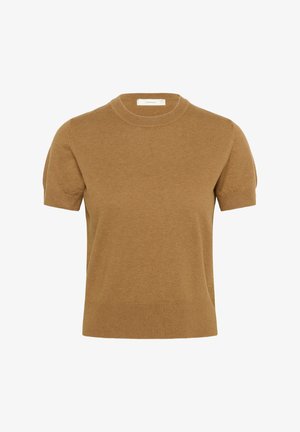 Brun kortærmet sweater lavet af blødt strikket stof. Har en rund halslinje og ribbede manchetter, med en afslappet pasform og minimal dekoration.