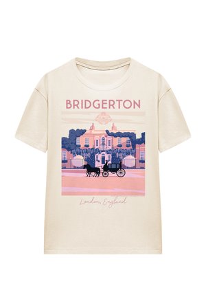 Cream T-shirt with pink and purple illustration of a carriage in front of a mansion, text "Bridgerton" and "London, England".