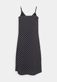 Vestido preto sem mangas com bolinhas brancas, formato A, até ao joelho, feito de tecido suave com alças finas e um decote simples.