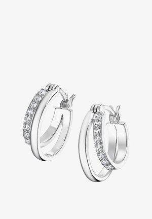 Silver hoop earrings featuring two intersecting bands, one adorned with clear stones along the edge, polished finish, lever-back closure.