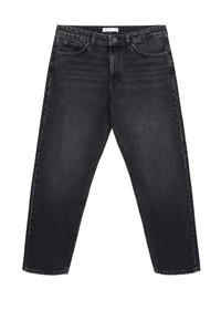 Jeans in denim nero con design a gamba dritta, dotati di cinque tasche, chiusura a bottone e una leggera scoloritura per aggiungere texture.