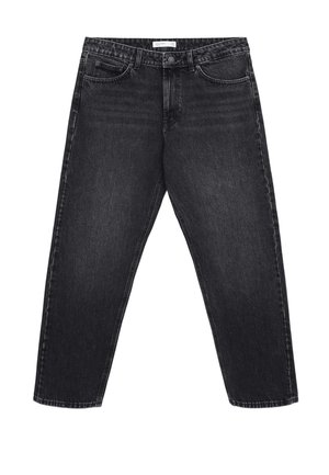 Jeans in denim nero con design a gamba dritta, dotati di cinque tasche, chiusura a bottone e una leggera scoloritura per aggiungere texture.