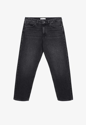 Schwarze Denim-Jeans mit geradem Bein, ausgestattet mit fünf Taschen, einem Knopfverschluss und subtilen Ausbleichungen für Struktur.