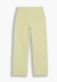 Pantalon à motif vichy en vert clair et blanc, avec une coupe droite, des plis à l'avant et une texture de tissu lisse.