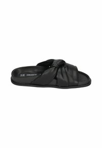 Black leather slide sandal featuring a knotted design on the strap, flat sole, and smooth texture. Suitable for casual wear.