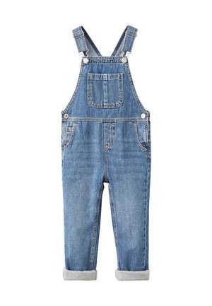 Salopette en denim bleu délavé avec bretelles réglables, poche frontale et ourlets retroussés aux chevilles. Matériau de jean classique.