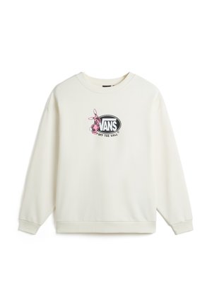Felpa bianca con polsini e orlo a coste. Presenta una grafica di un coniglio cartoon rosa e il logo Vans sul petto in nero e rosa.